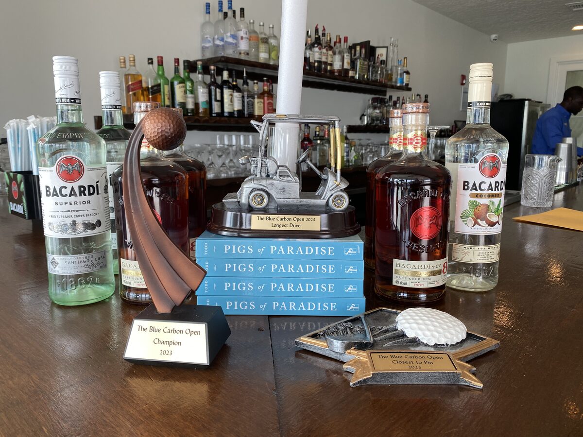 The Blue Carbon Open 2023 tournament trophies with Bacardí